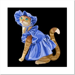 Girly Ginger Cat in Blue Dress Posters and Art